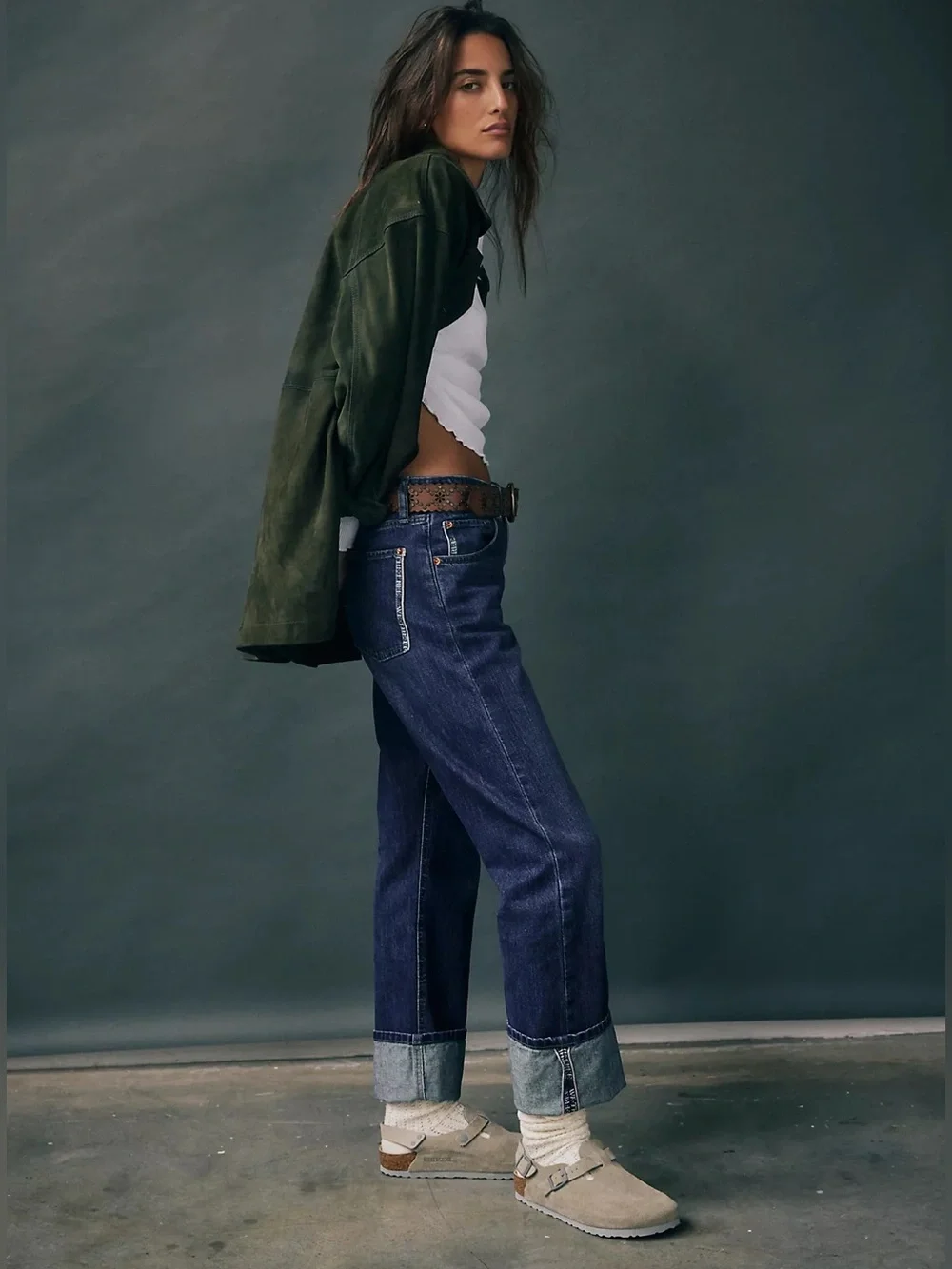 We The Free People Slim Shade Selvedge Straight Cuffed Jeans Deep Indigo 24